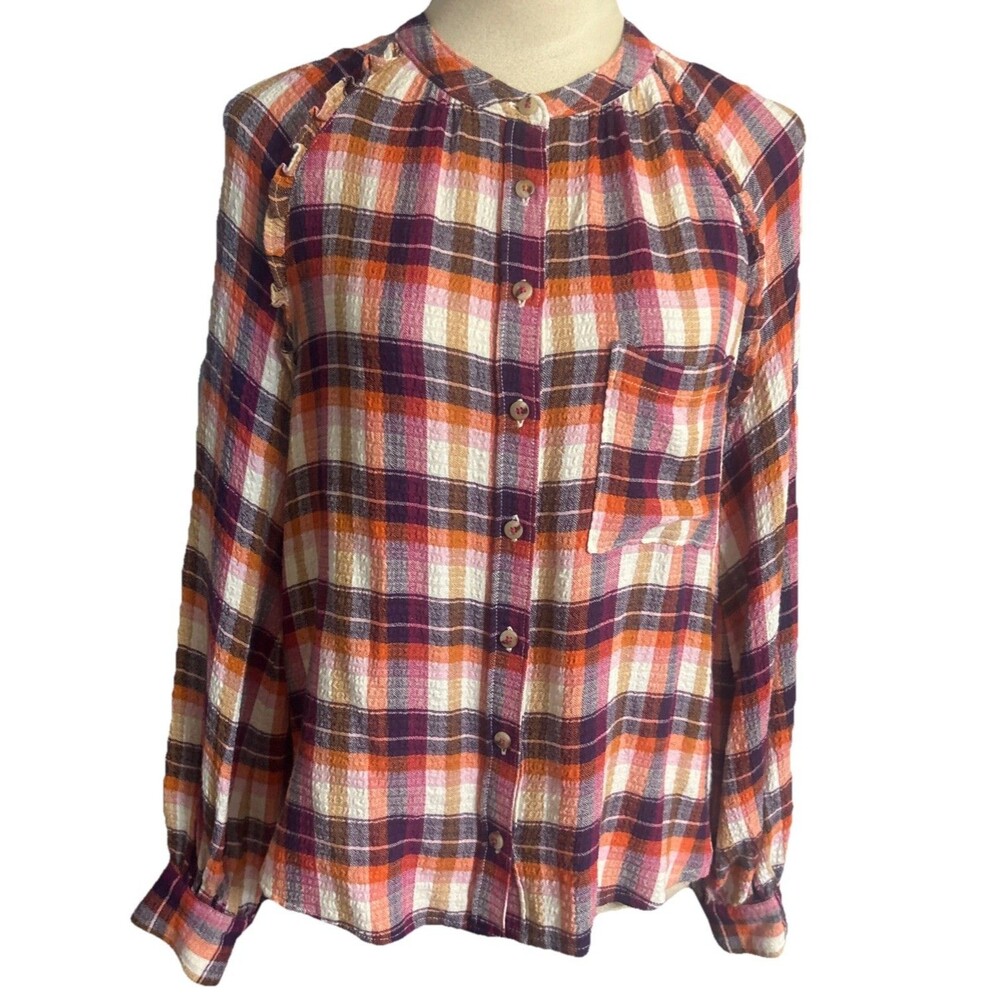 Anthropologie Pilcro Sz S Breezy Button Down Blouse Ruffle Plaid Boho Cottage - Picture 2 of 12
